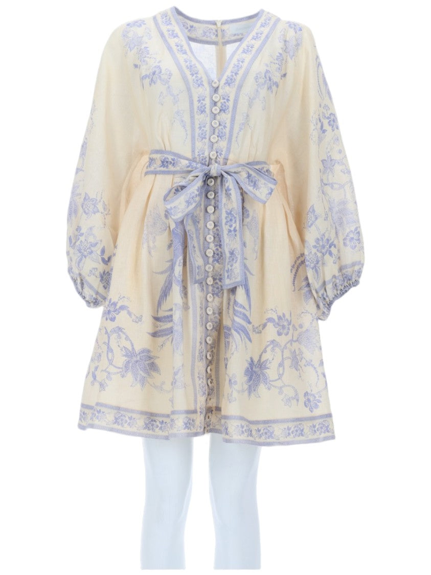 Zimmermann Indra Plunge Puff Sleeves Floral Linen Mini Dress