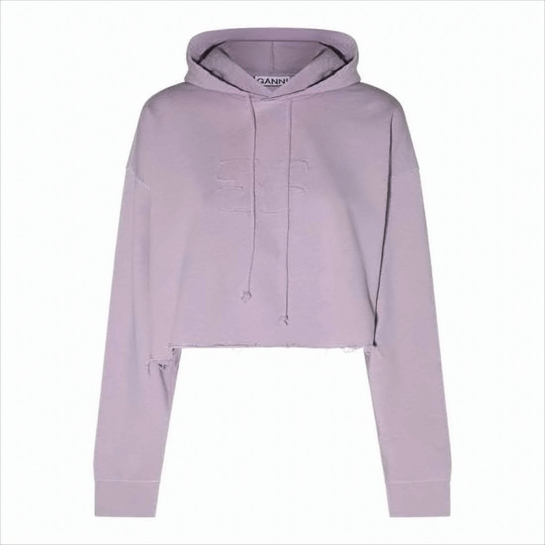 Ganni Cropped Lavender Hoodie With Drawstring And Raw Hemline