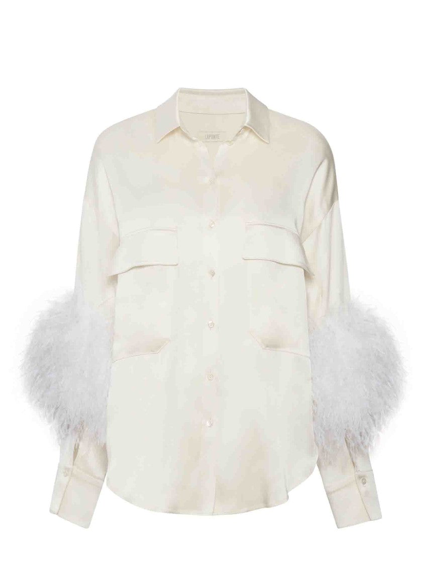Lapointe Beige Satin Shirt With Ostrich Feather Embellishments