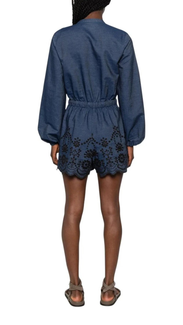 Mc2 Saint Barth V-Neck Puff Sleeve Romper With Intricate Floral Embroidery