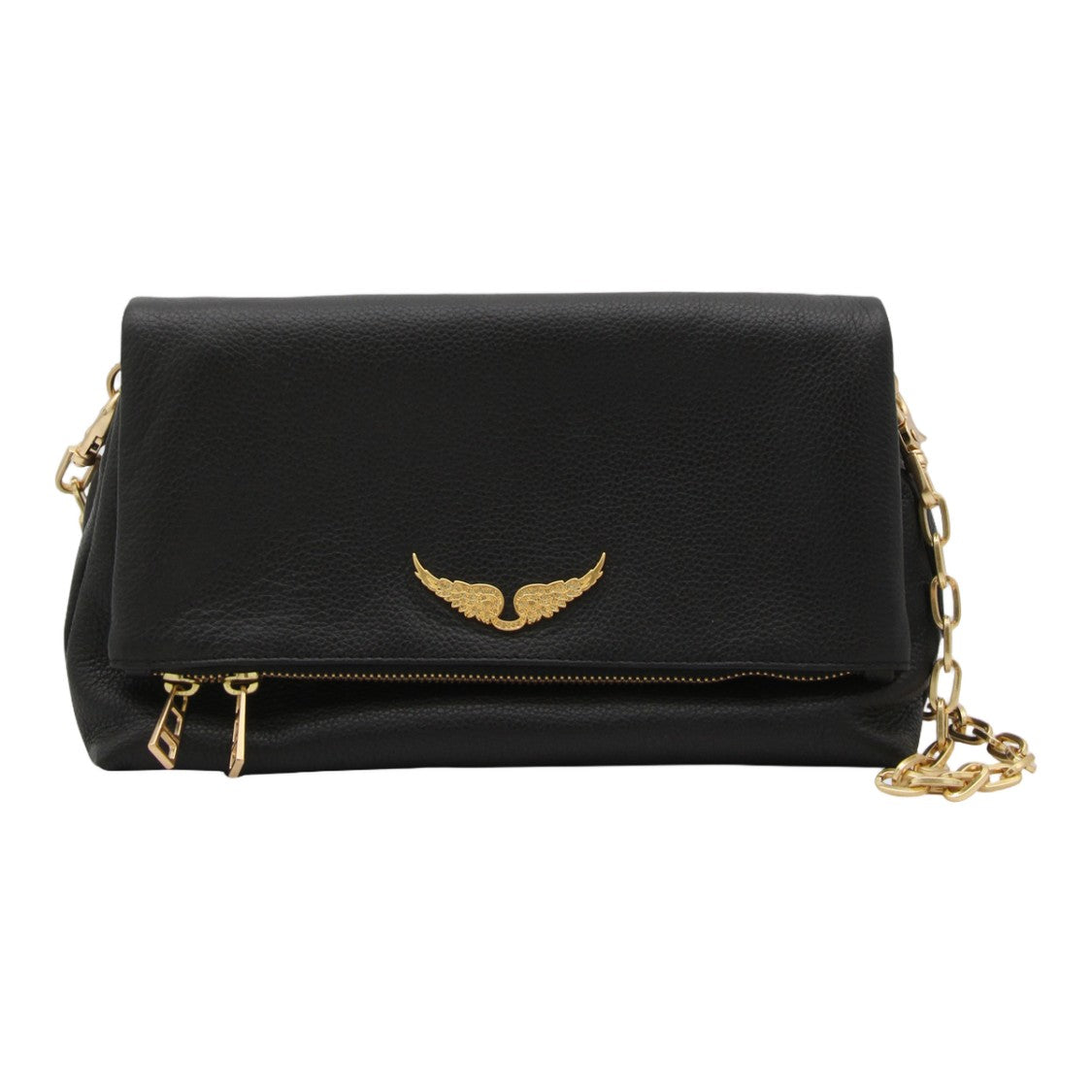 Zadig & Voltaire Textured Black Handbag With Gold Wing Emblem