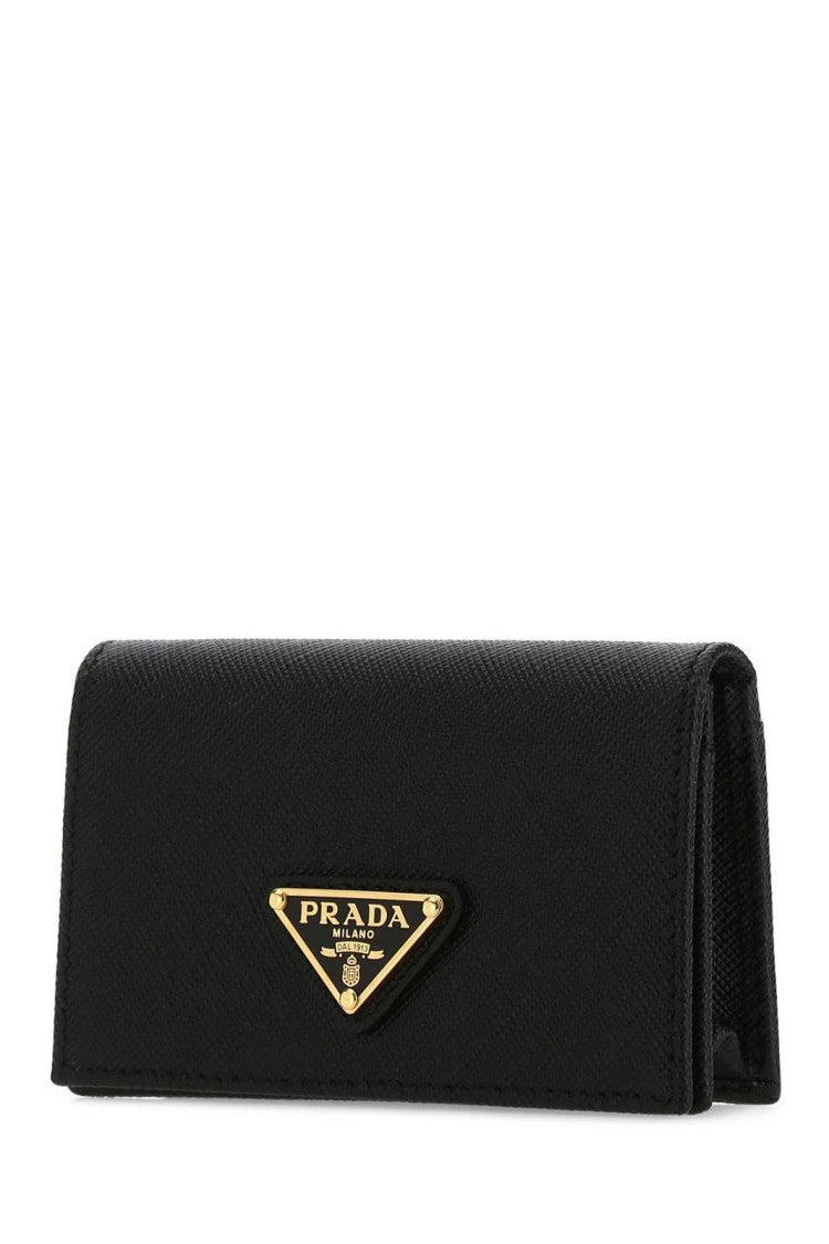 Prada Textured Black Card Wallet With Triangular Metal Logo