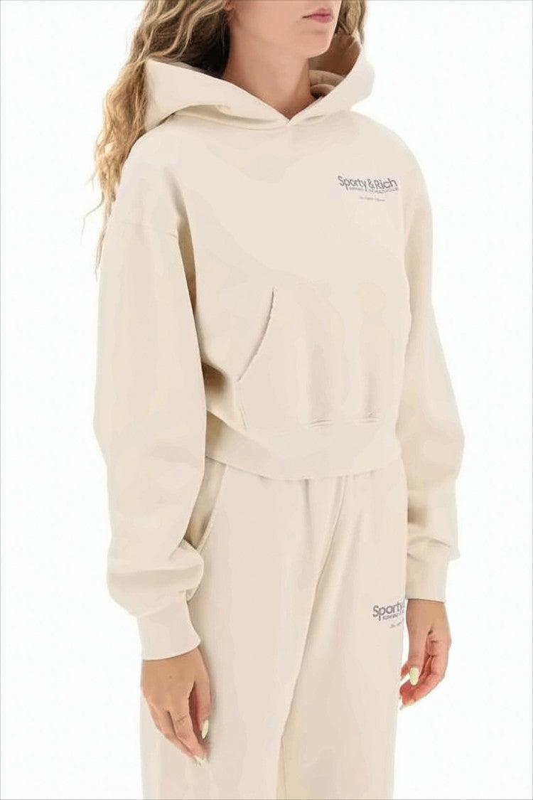 Sporty And Rich Cropped Light Beige Hoodie With Subtle Logo Print