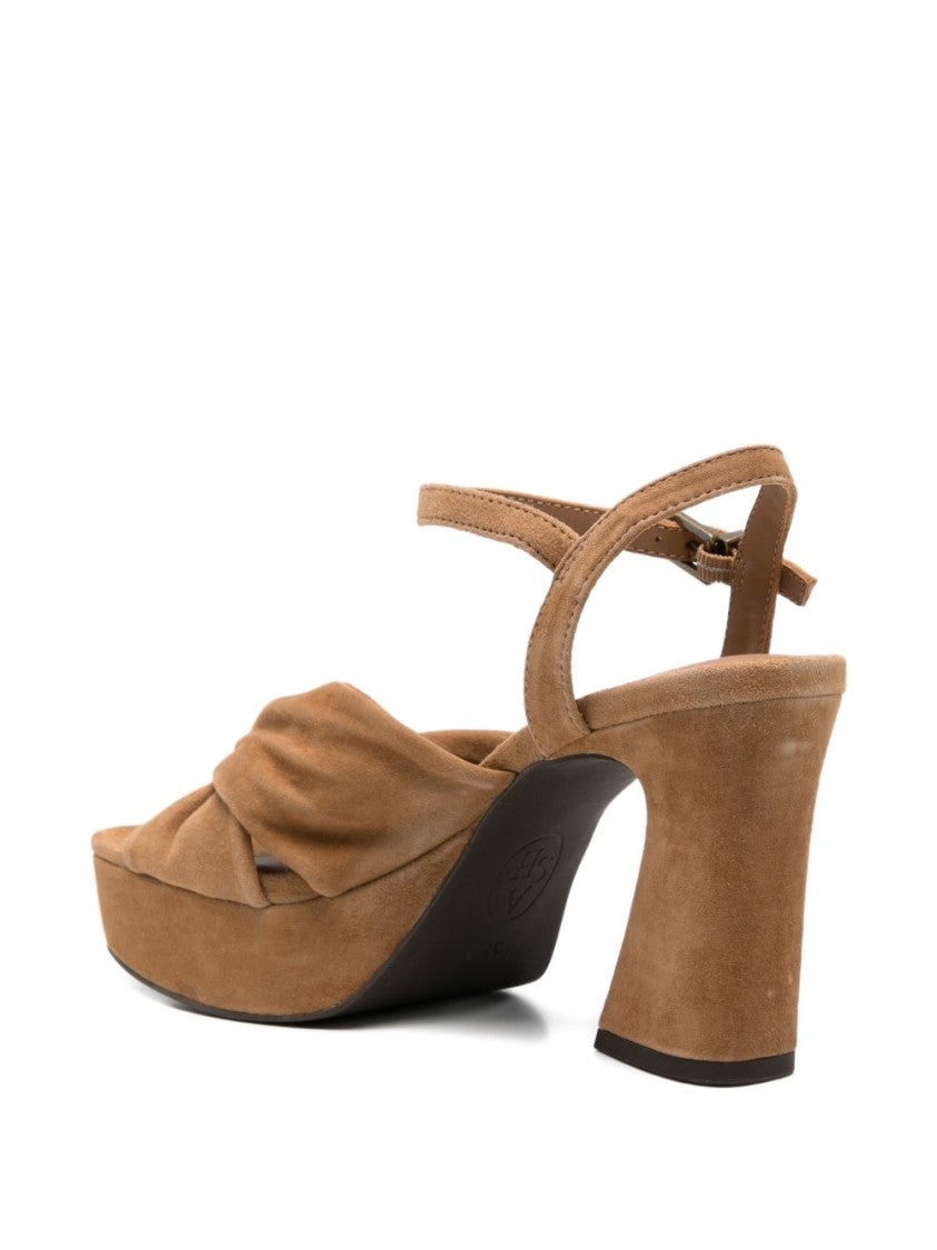 Ash Brown Platform Sandals With Knotted Front Strap And High Block Heel