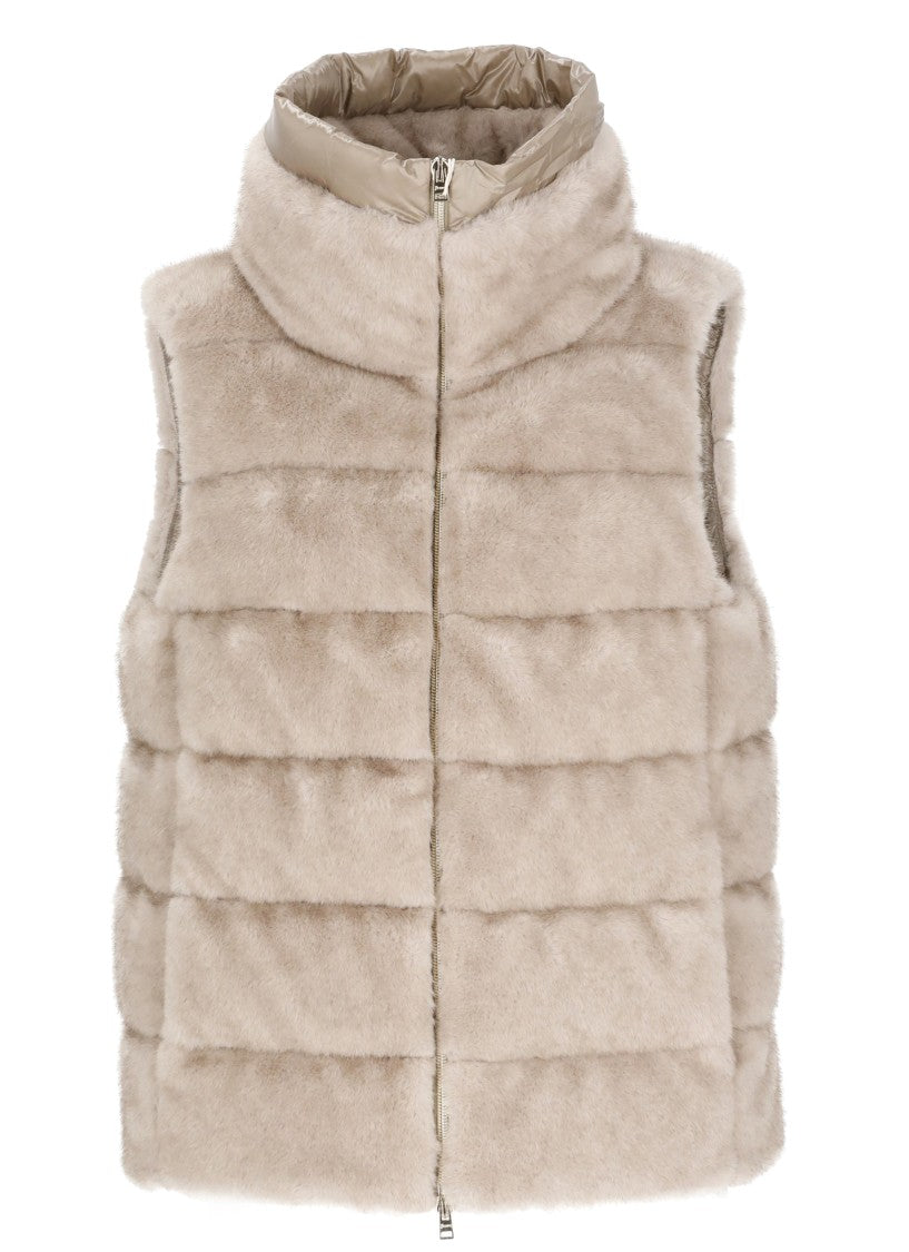 Herno Beige High Neck Faux Fur Sleeveless Down Jacket