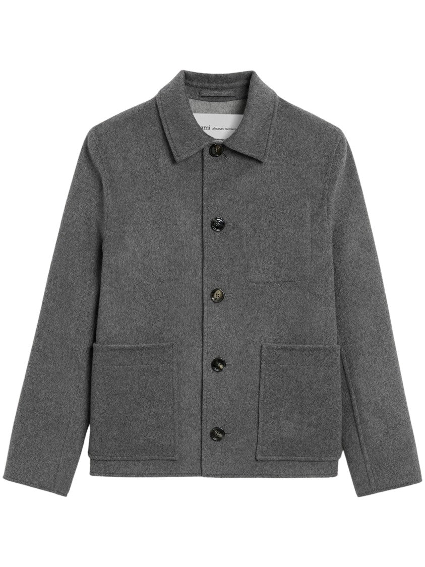 Ami Paris Grey Button-Down Wool-Blend Jacket