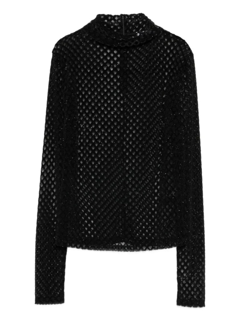 Patrizia Pepe Textured Black High-Neck Top With Long Sleeves