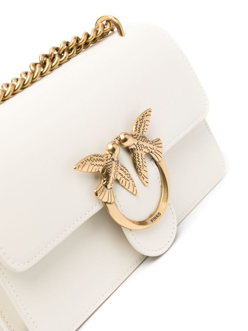 Pinko Structured White Shoulder Bag With Gold-Tone Bird Embellishment