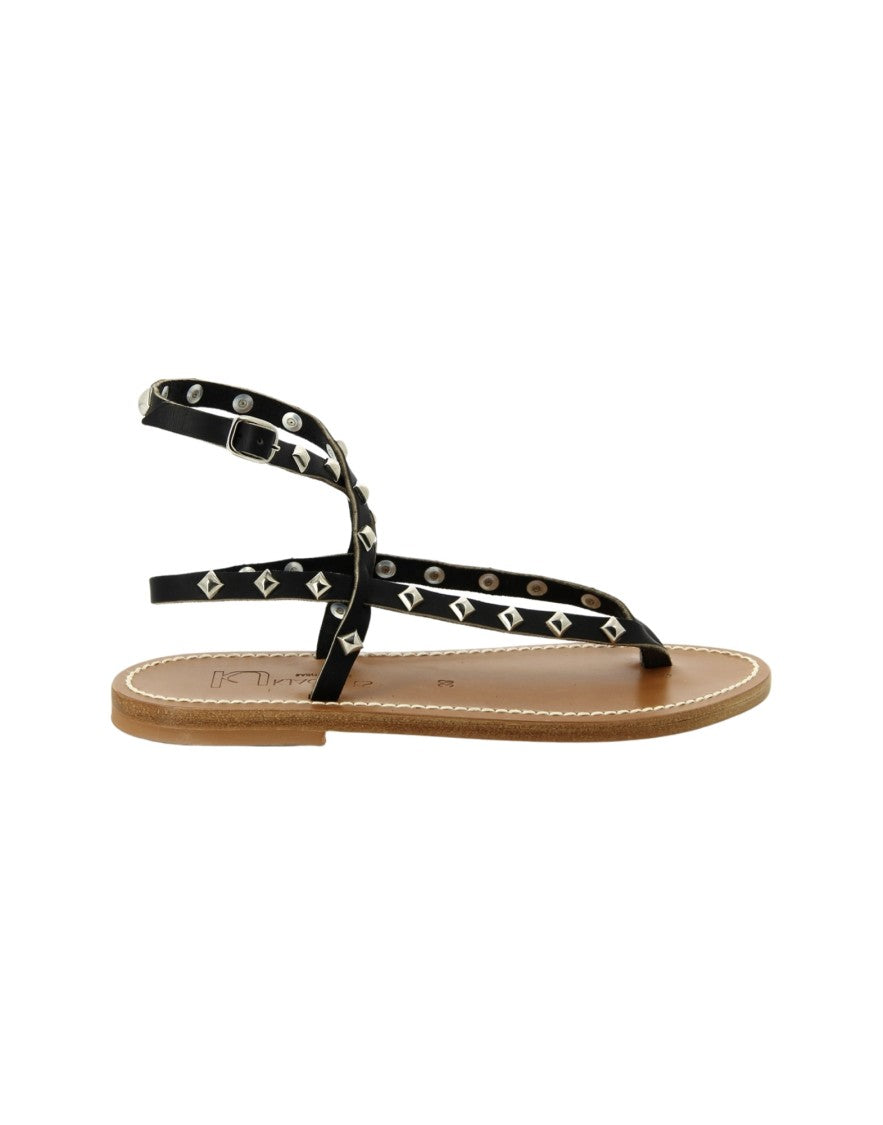 K Jacques St Tropez Strappy Black Leather Sandals With Metallic Studs
