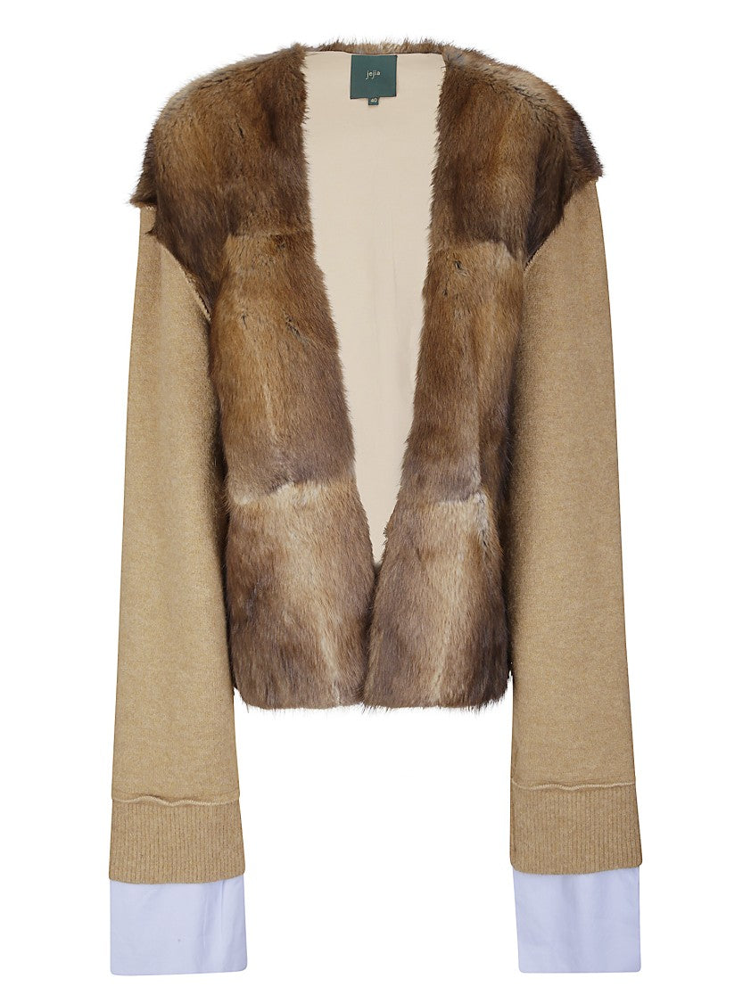 Jejia Brown Collarless Jonathan Blazer With Alpaca Leather & Wool Sleeves