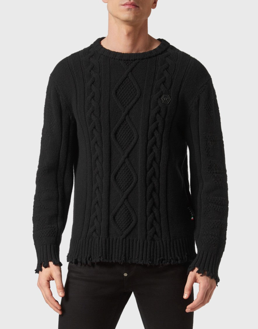 Philipp Plein Black Wool Cable-Knit Logo-Patch Sweater