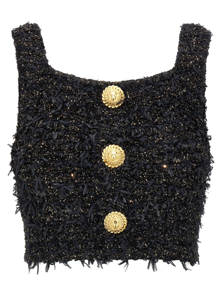 Balmain Lurex-Thread Tweed Crop Top With Fringed Detail