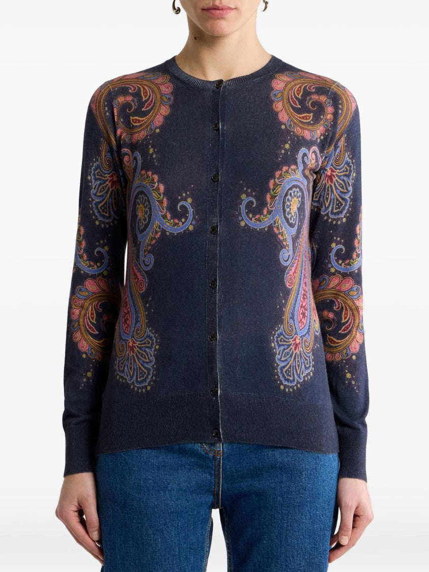 Etro Navy Paisley-Patterned Knit Cardigan