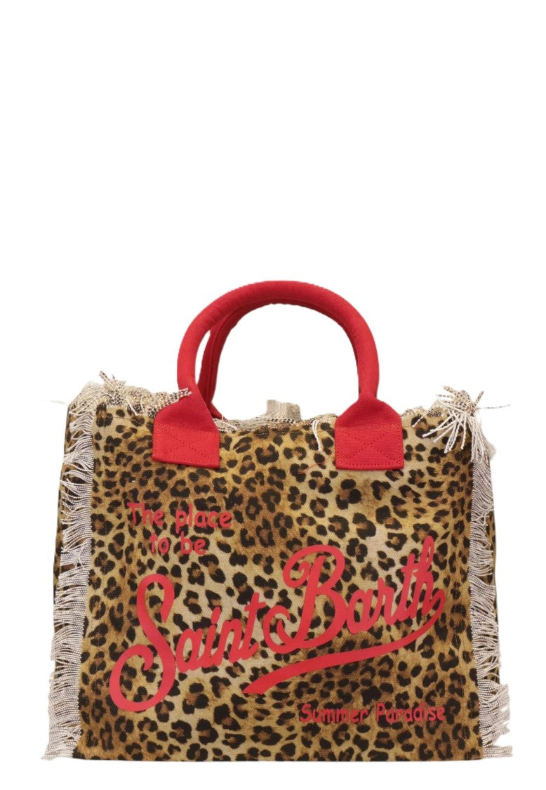Mc2 Saint Barth Fringed Leopard Print Tote Bag With Red Accents