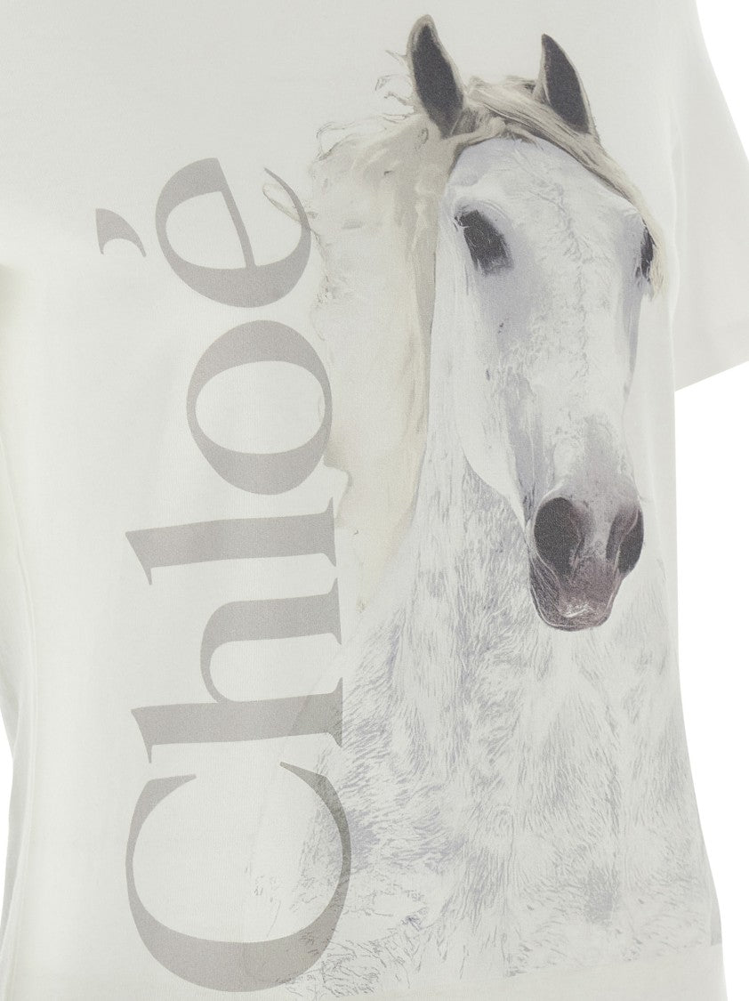 Chloé Organic Cotton T-Shirt With Faded Horse Print
