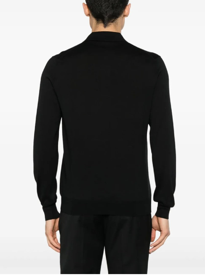 Tagliatore Long-Sleeved Black Polo With Silk-Cotton Blend