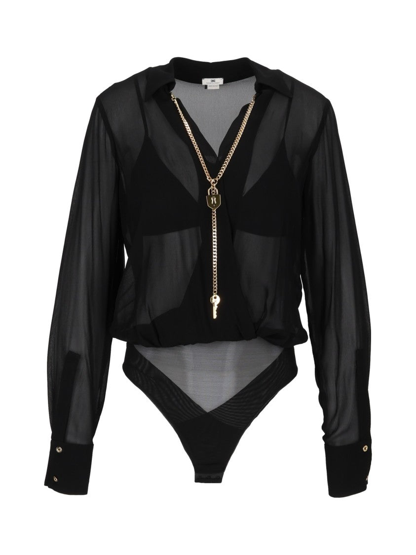 Elisabetta Franchi Black Sheer Gold Chain Bodysuit
