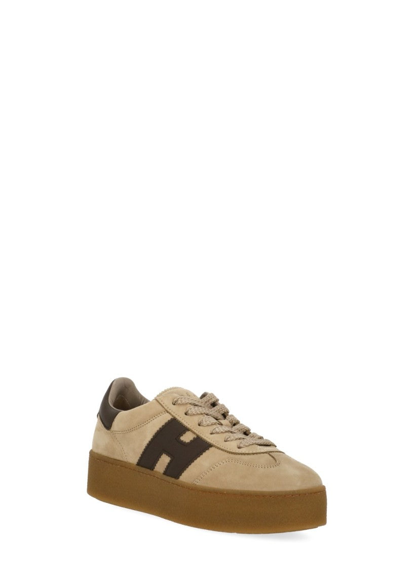 Hogan Beige Leather Sneakers With Logo And Platform Sole