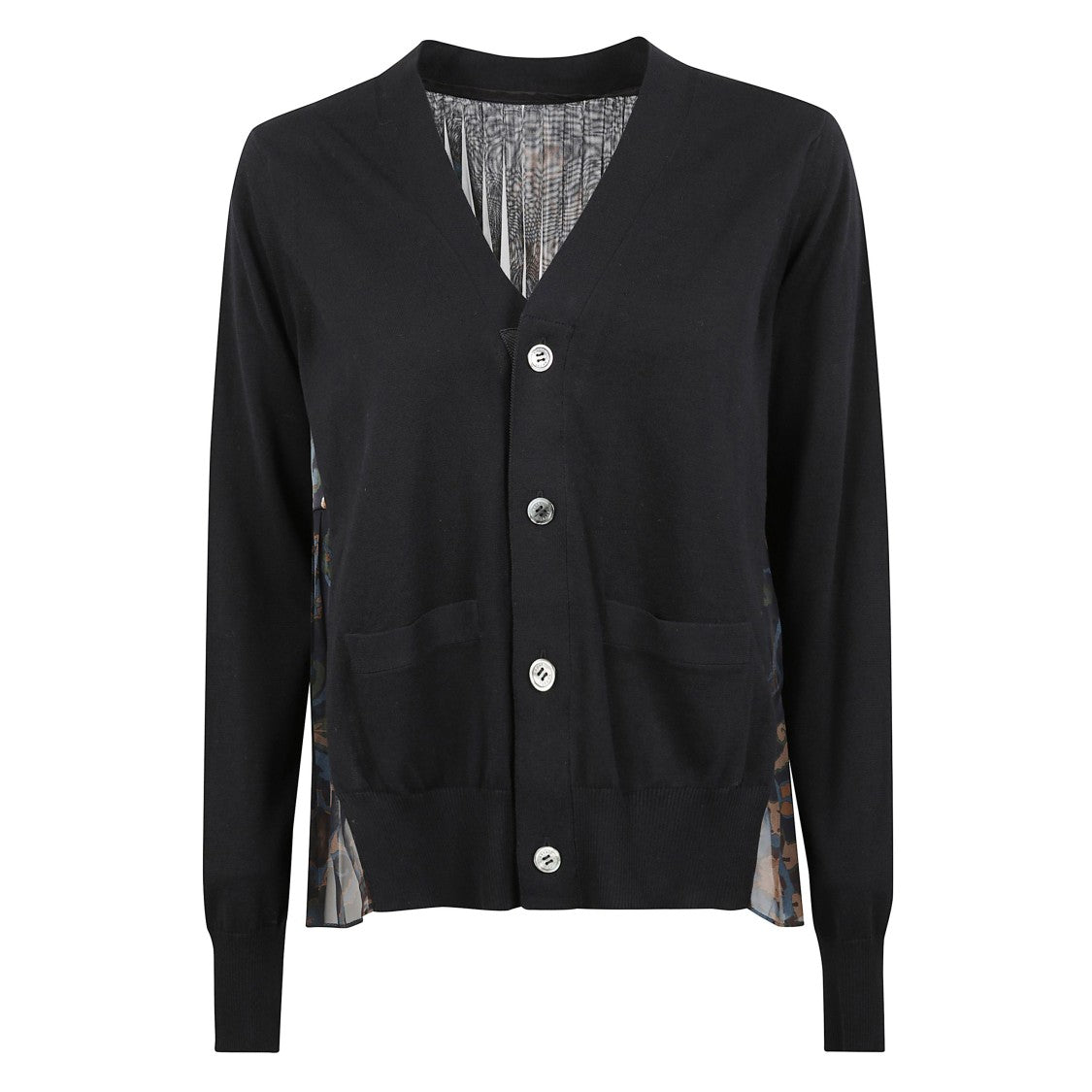 Sacai Knit Wool Cardigan With Pleated Chiffon Back