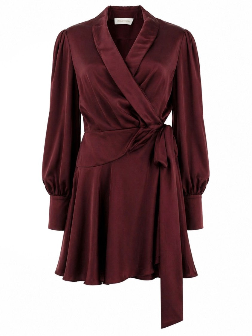 Zimmermann Mini Wrap Dress In Deep Burgundy Silk