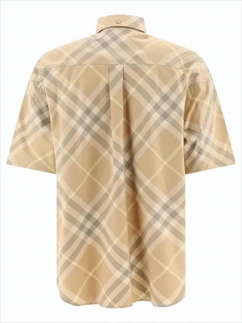 Burberry Beige Check Pattern Short-Sleeve Button-Up Shirt