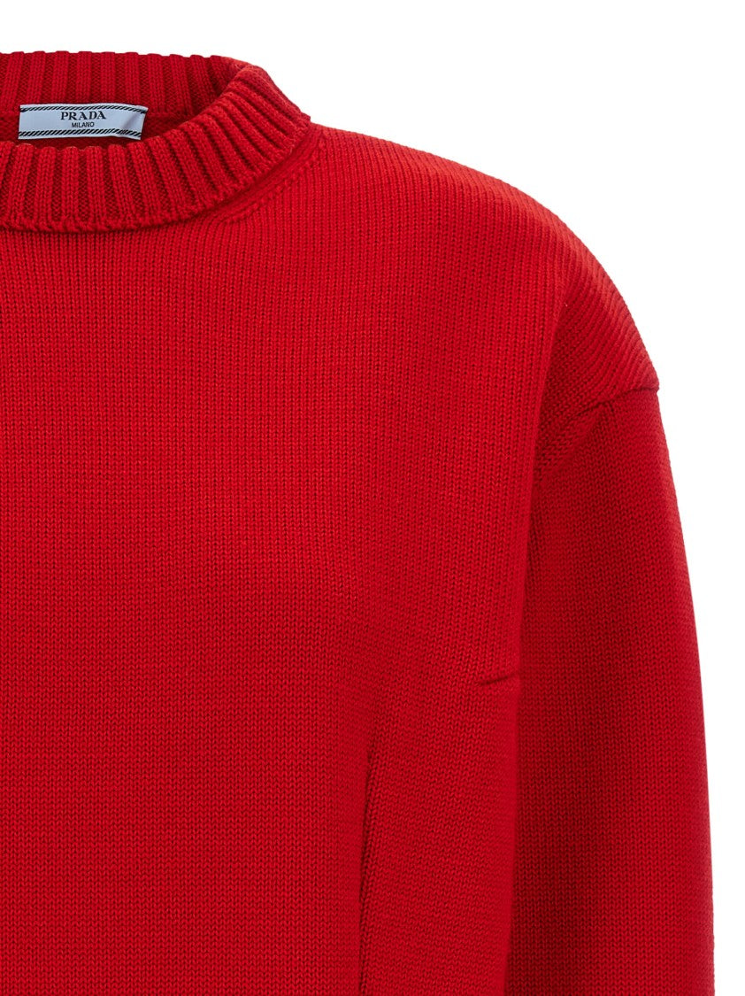 Prada Bow Detail Virgin Wool Sweater With Pleated Accents