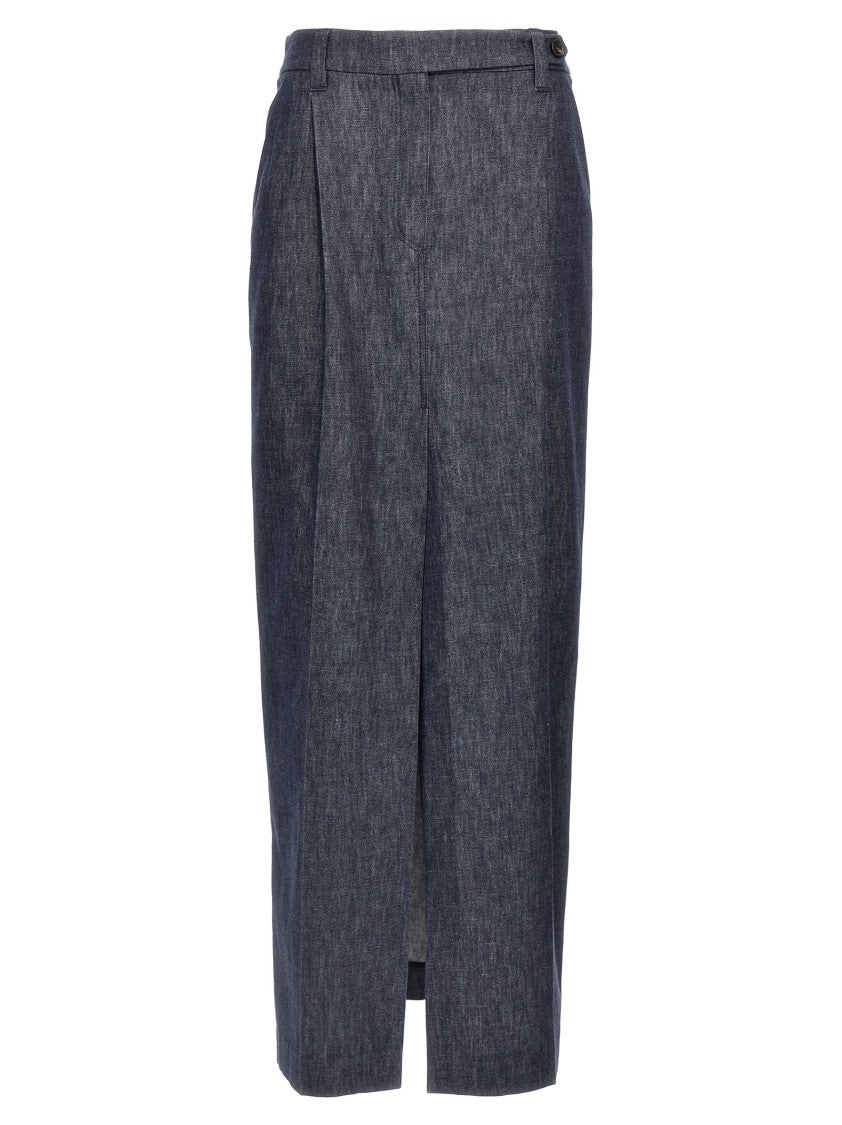Brunello Cucinelli Longuette Cotton Denim Skirt With Front Split