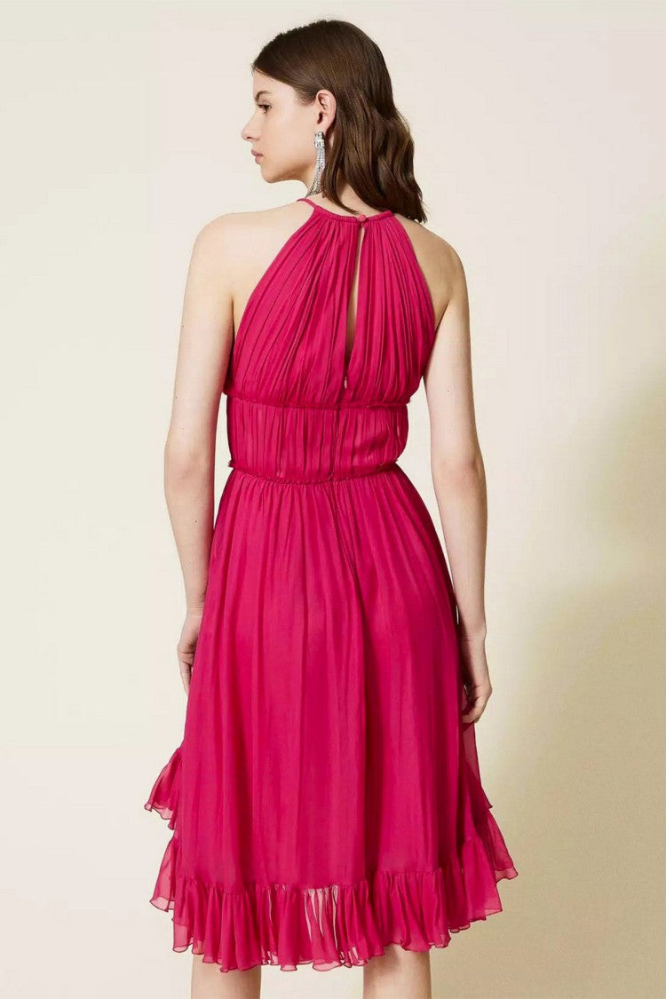 Twin-Set Fuchsias Halter-Neck High-Low Ruffle Viscose Day Dress