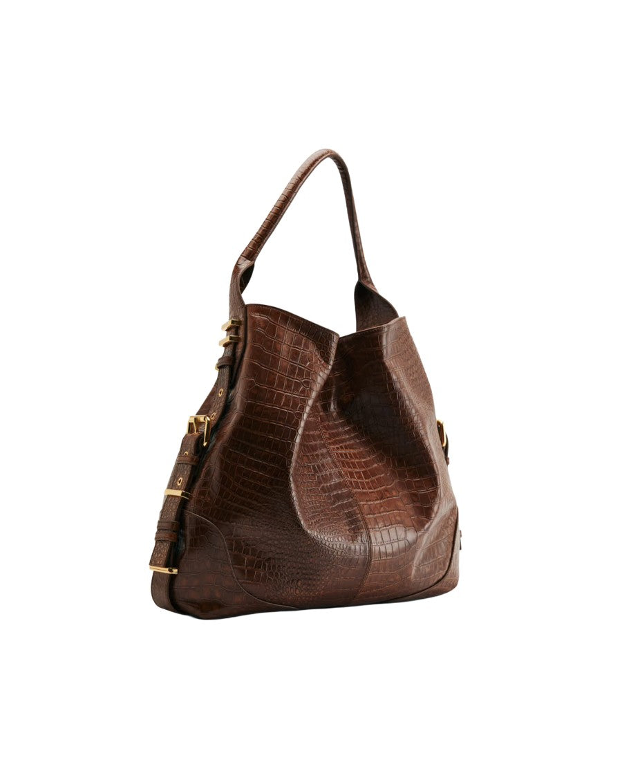 Patrizia Pepe Brown Croco Croc-Embossed Leather Handbag