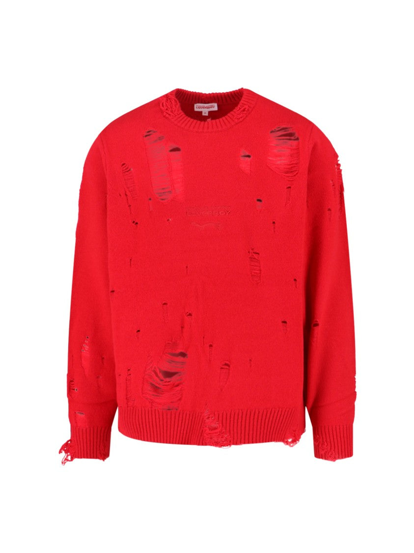 Charles Jeffrey Loverboy Distressed Red Wool Blend Sweater With Ribbed Finishes