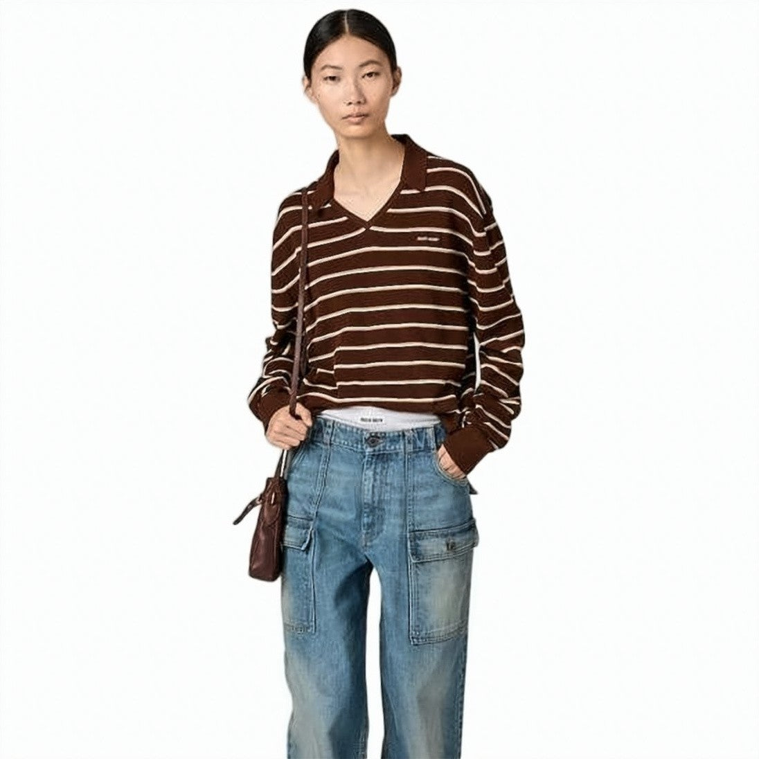 Miu Miu Long-Sleeve Knit Top With Striped Design And Classic Collar