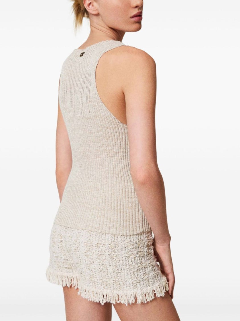 Twin-Set Fitted Linen Top With Ribbed Texture