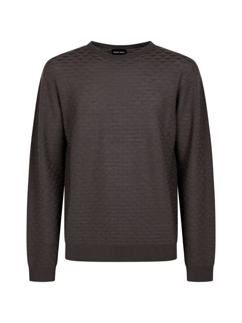 Giorgio Armani Brown Textured Crew Neck Ribbed Sweater
