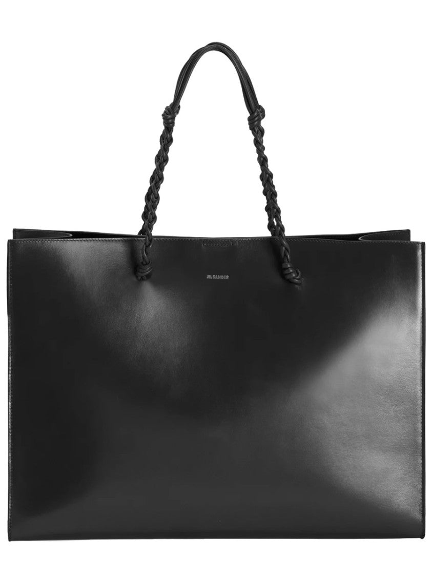 Jil Sander Black Leather Braided Handles Tote Bag