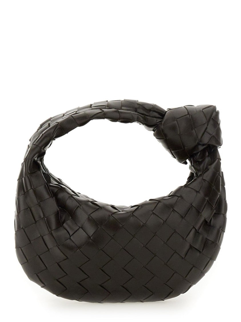 Bottega Veneta Compact Black Woven Shoulder Bag With Knotted Handle Detail