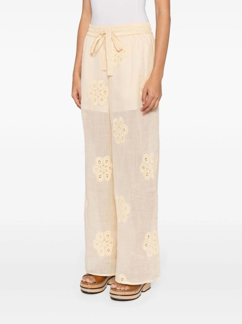 Zimmermann Acadian Floral-Embroidered Ramie Trousers