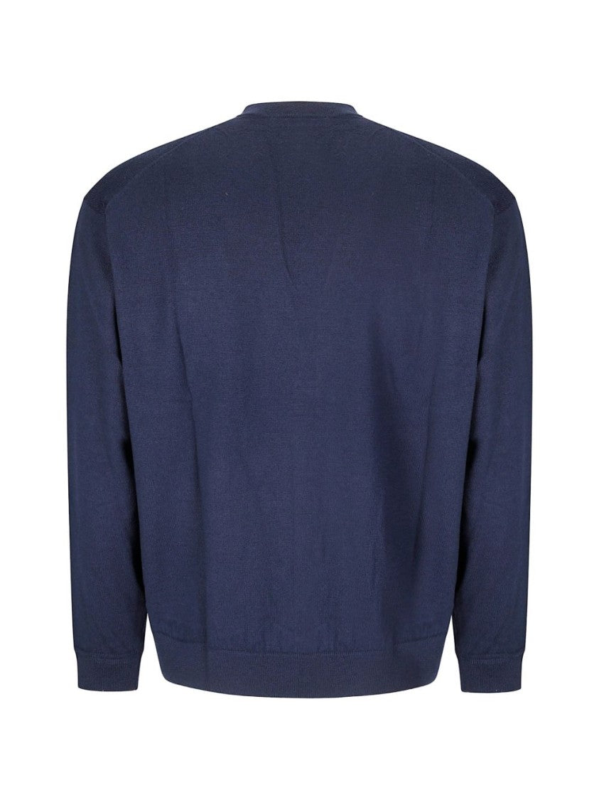 Maison Kitsuné Navy Blue V-Neck Embroidered Logo Wool Cardigan
