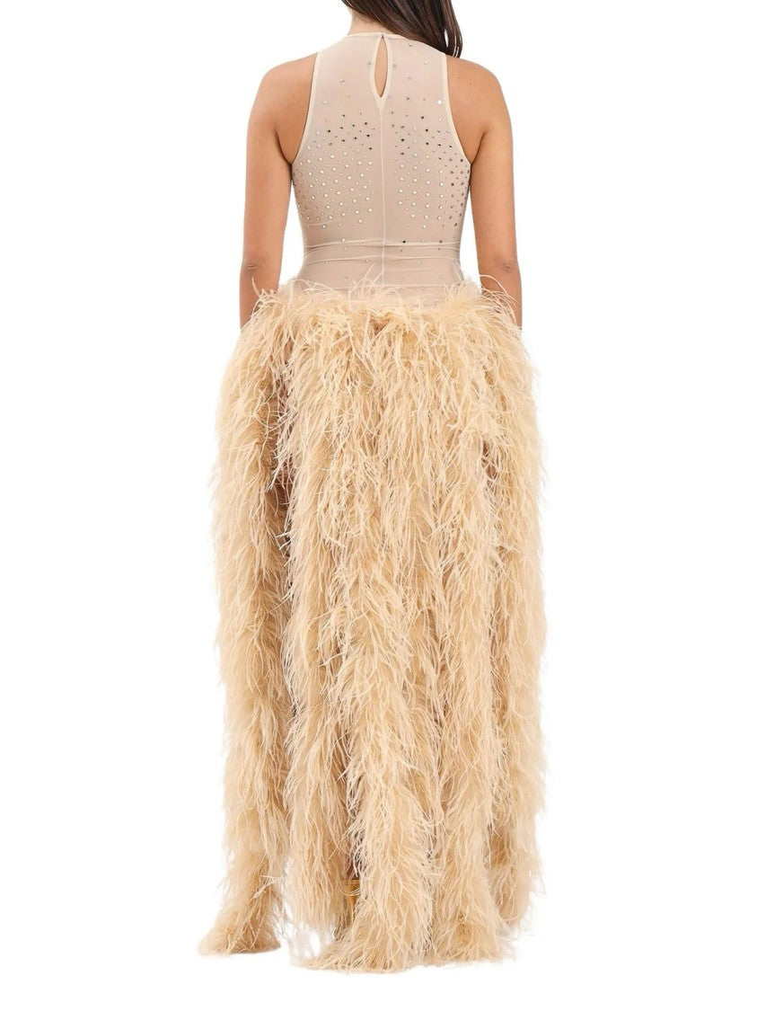 Alma Sanchez Butter Feathered Body Dress With Sheer Upper Bodice