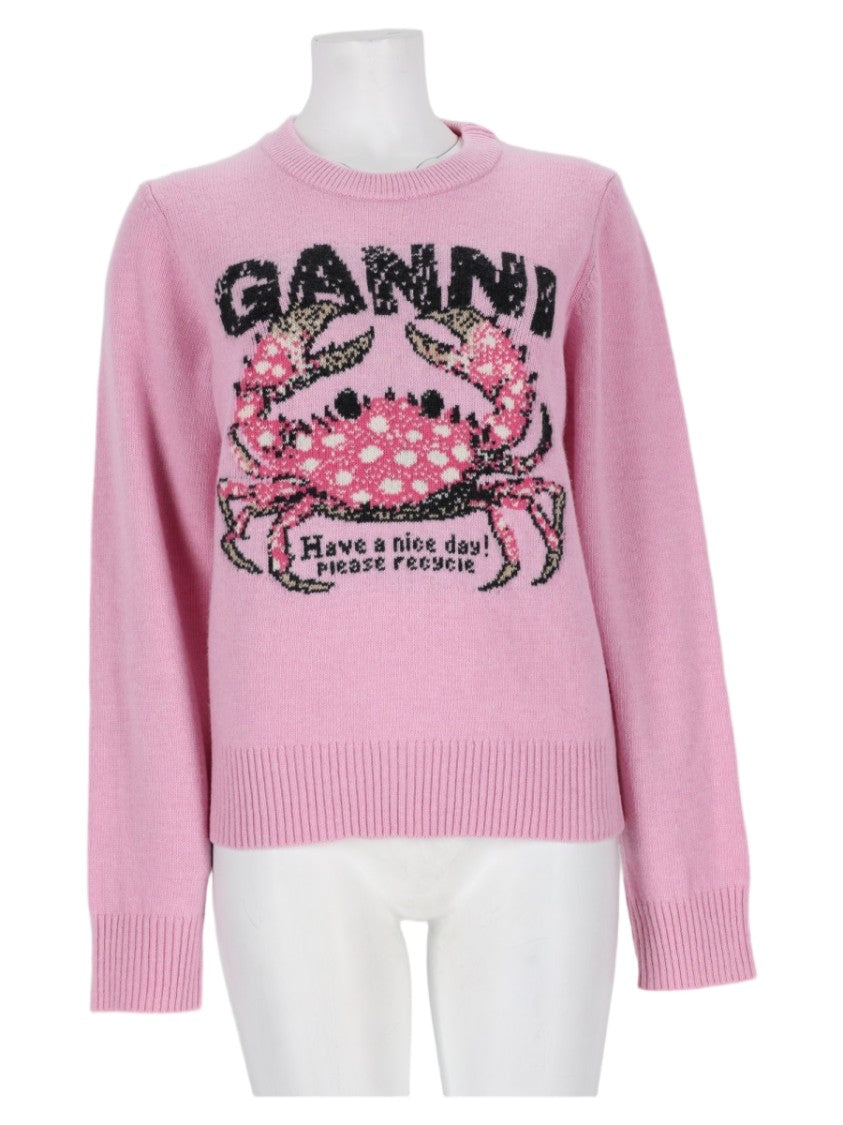 Ganni Playful Knit Sweater With Ribbed Detailing And Crab Graphic