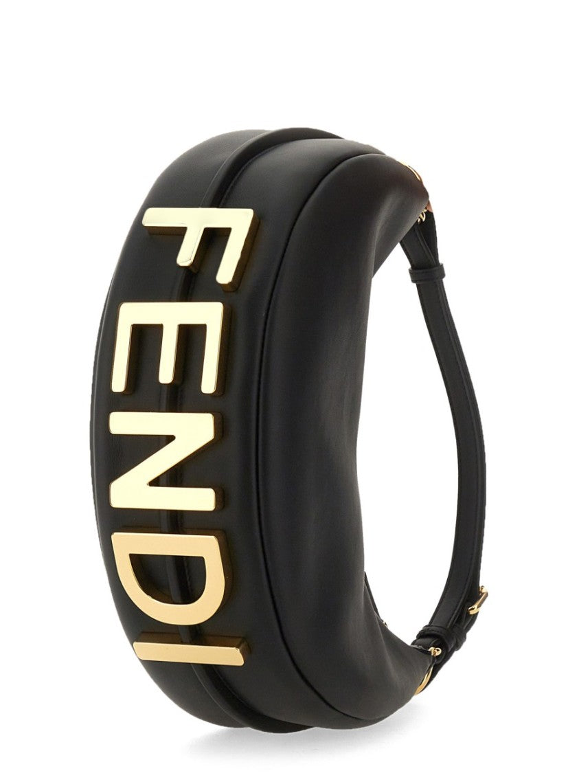 Fendi Crescent-Shaped Leather Shoulder Bag With Zipper Closure And Gold Accents