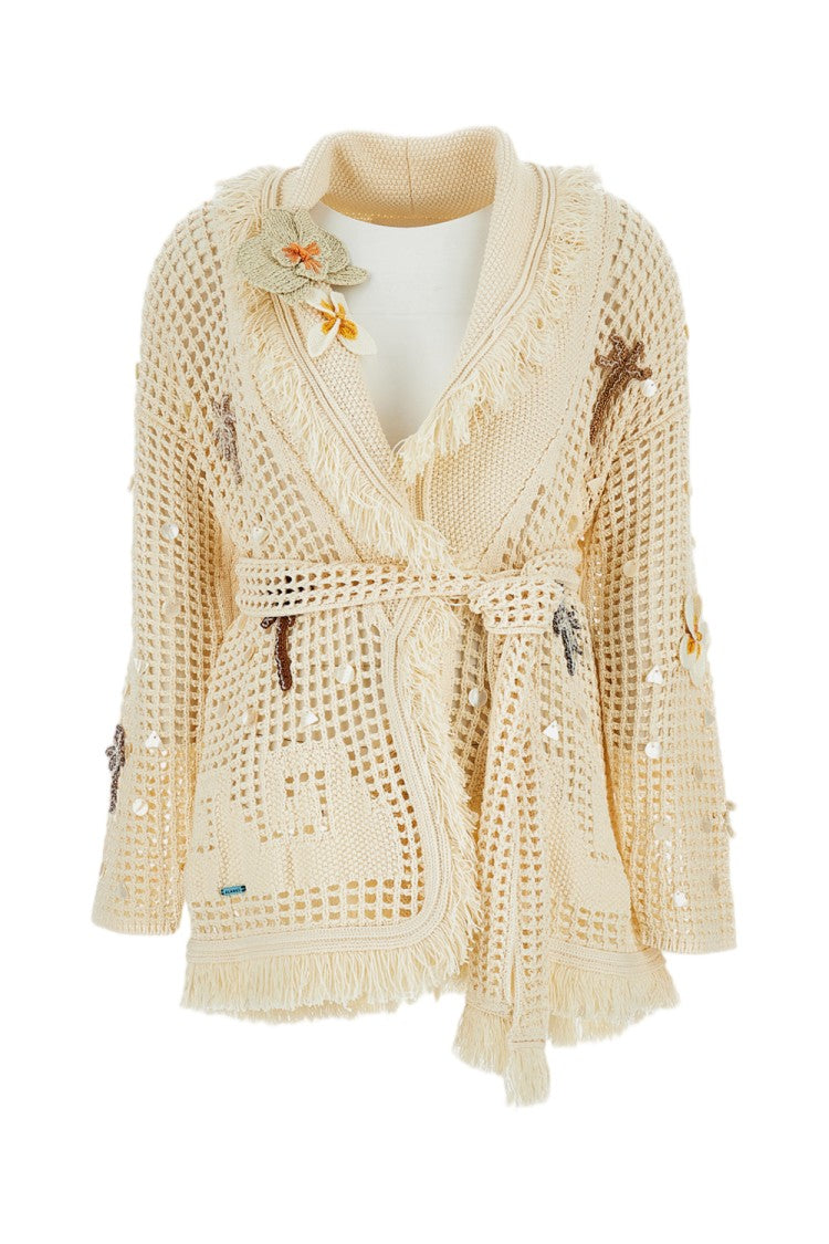 Alanui Intricately Stitched Long Cardigan With Mother-Of-Pearl Accents