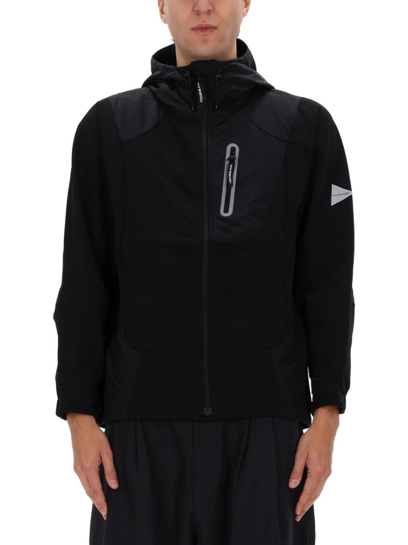 And Wander Black Nylon Panel Hooded Jacket