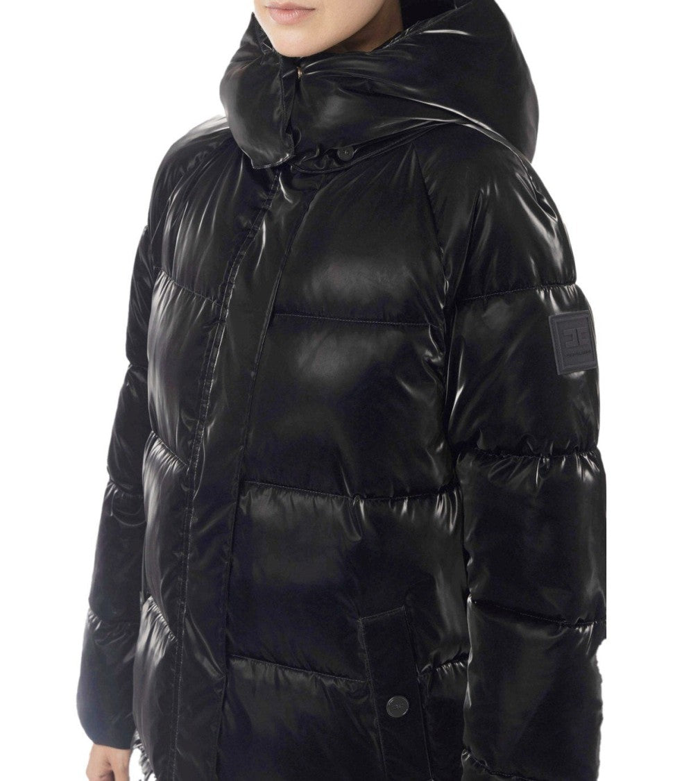 Elisabetta Franchi Black Satin Hooded Padded Coat