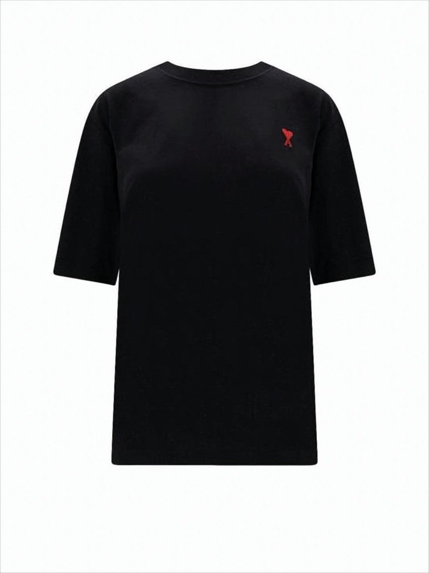 Ami Short-Sleeve Black T-Shirt With Red Embroidered Logo