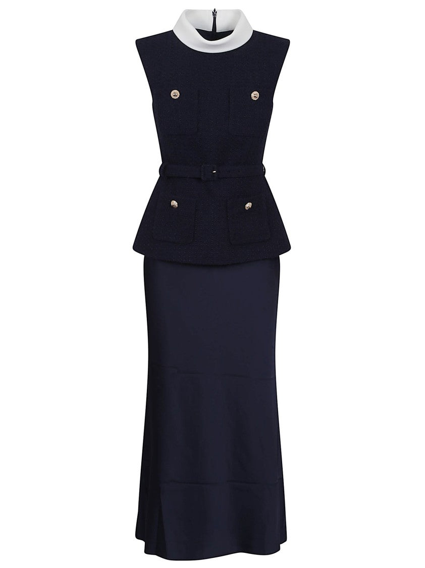 Self-Portrait Navy Boucle Sleeveless Midi Dress