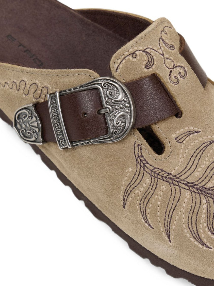 Etro X Birkenstock Beige Suede Slip-On Sandals With Embroidered Leaf Patterns