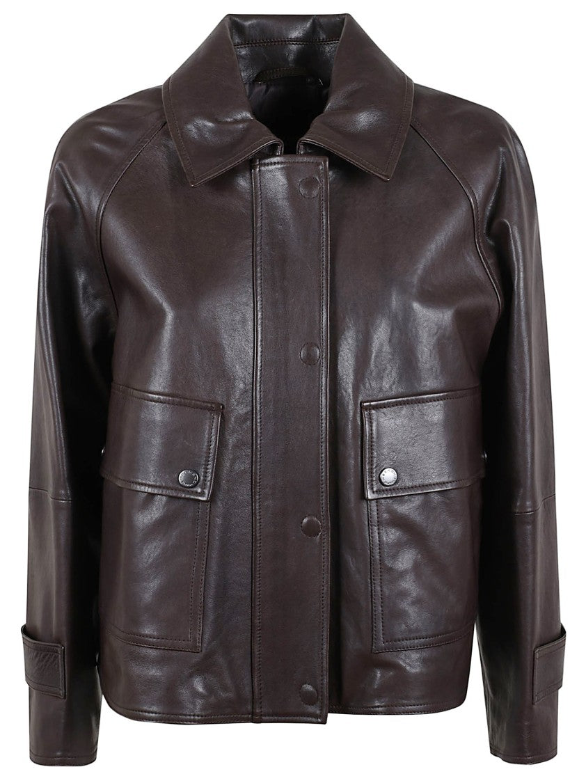 Max Mara Button-Up Leather Jacket With Oversized Sleeves