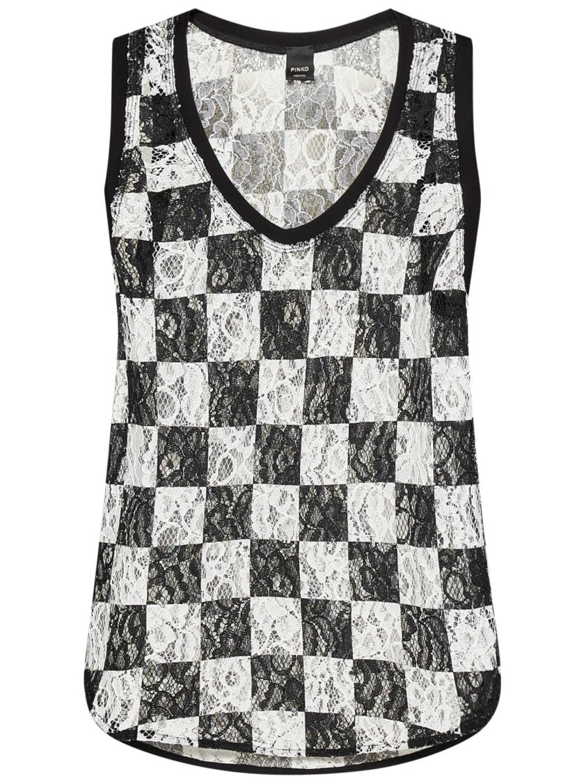 Pinko Damier Floral Lace Tank Top With V-Neckline
