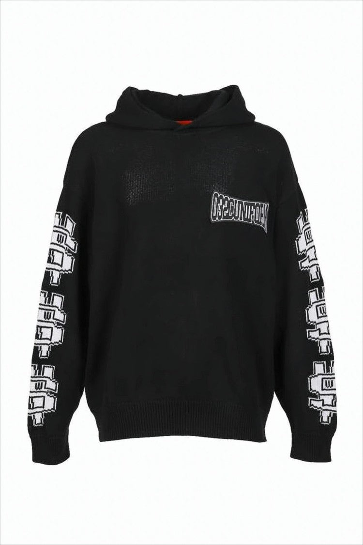 032C Black Hooded Knit Sweater With Graphic Motifs