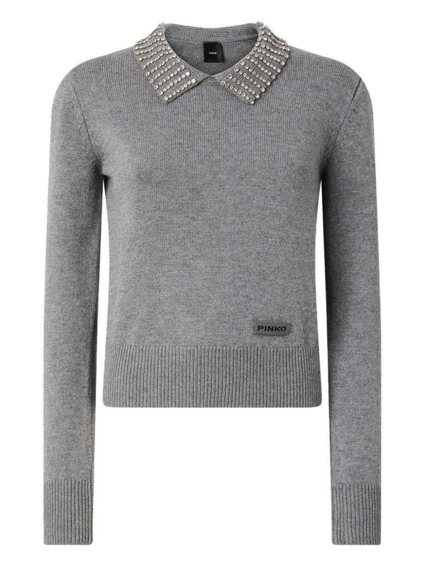 Pinko Medium Grey Knit Sweater With Embellished Collar